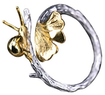 NicoWerk Premium ring i 925 sterling silver för kvinnor – justerbar med guldpläterad snigel och ginkgoblad – elegant damring – presentask – designad i Tyskland – smycken – SRI259, Silver, Ingen