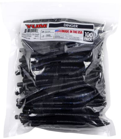 Yum Lures Dinger Classic Worm All-Purpose Soft Plastic Bass Fishing Lure 100 Pack, Black Blue Flake, 5 Inch