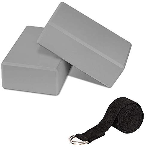 PUDSIRN Yoga-Block-Set, Hochdichte EVA-Schaum-Blöcke, Rutschfest, Mit Gurt, Metall-D-Ring Zur Verbesserung Der Balance Und Flexibilität für Pilates, Meditation, Grau, 2 Stück