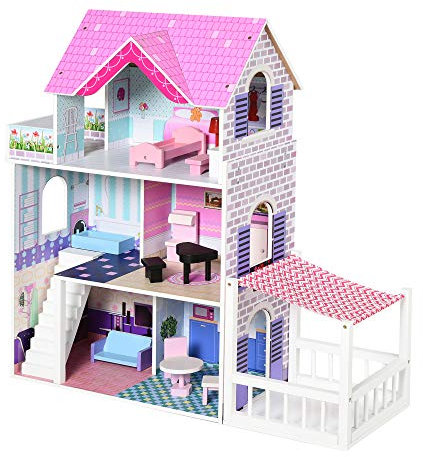 HOMCOM Maison de poupée en Bois Jeu d'imitation avec 13 Accessoires Grand réalisme Multi-équipements 3 Niveaux escalier terrasses