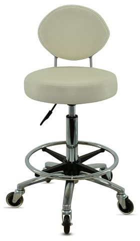 VAKON SALON - Premium Rollhocker Weiß mit ovaler Lehne und Fußring - Höhenverstellbar 55-75 cm - Rundsitz Drehhocker Arbeitshocker Praxishocker