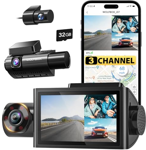 WOLFBOX i07 3 Channel Dash Cam Built-in WiFi GPS, 4K Dash Camera Front and Inside, 1440P+1080P+1080P Triple Car Camera with 3 LCD Screen, 32GB Card Included, IR Night Vision, 24H Parking Mode