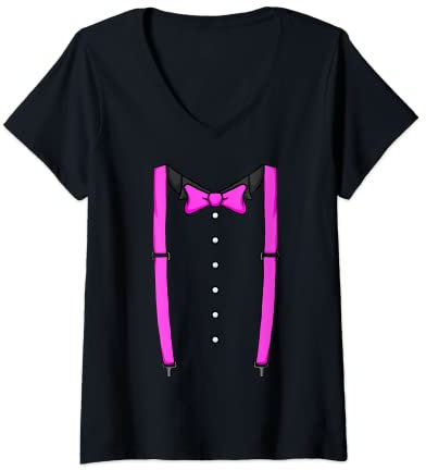 Damen Pink Fliege Hosenträger Kummerbund Smoking Fliege T-Shirt mit V-Ausschnitt