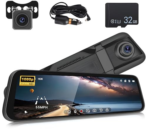 Mirror Dash Cam Car Camera, 9.66 Inch IPS LCD Full HD Smart Rearview Mirror for Cars & Trucks, HDR Front and Rear View Dual Cameras 1080P, Night Vision, Parking Assistance, Loop Recording DVR,32GB TF