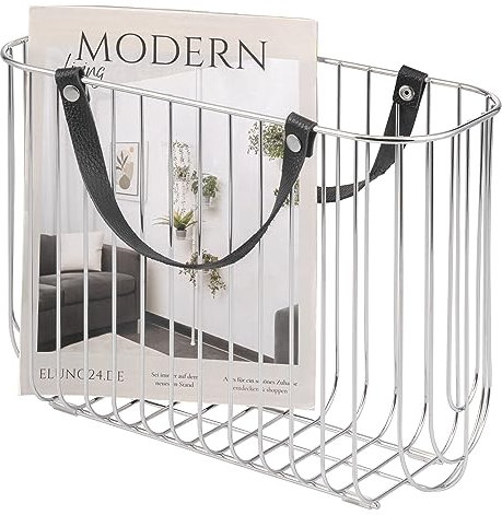 eluno Zeitungsständer aus Metall mit Tragegriffen aus Leder, ca. 36 x 26,5 x 15,5 (B/H/T) (Silber)