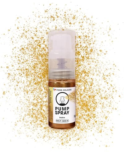 Food Colours Essbares Glitzerspray NEW GOLD SHIMMERING 5G – Pumpe mit metallischem Pulver zum schnellen, effektvollen Dekorieren von Torten, Cremes, Gelees, Pralinen, Schokolade und Zuckerdekorationen