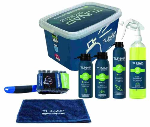 TUNAP SPORTS Bike-Pflege-Set | Komplettes Pflegeset für Reinigung & Wartung | Inkl. Federgabel- & Fahrradreiniger sowie Multifunktionsöl & Rahmenpflege | Mikrofasertuch & Bürste | Made in Germany