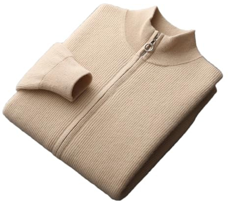 Dninmim Chaqueta de punto de cachemira para hombre con cuello alto y cremallera, abrigo de lana para otoño e invierno, beige, S