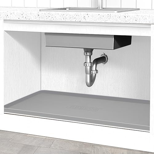 BEESVO Under Sink Mat for Kitchen Waterproof, 28 x 19 Silicone Under Sink Liner Kitchen & Bathroom Cabinet Protector Mats, Heavy Duty Flexible Under Sink Drip Tray with Lip, Cool Grey