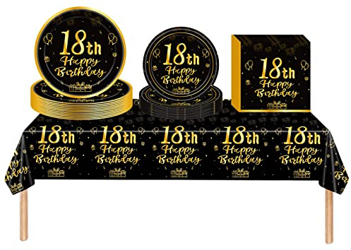 53Pcs Black Gold 18th Happy Birthday Party Tableware Decorations for Him Plastic Table Cloth,7,9inch Paper Plates,Napkins for Men Birthday Table Party Tableware Set for Men Adults Birthday Party