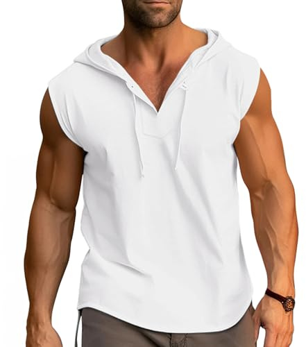 Cooleep Herrväst linne sommar ärmlös huvtröjor bomull gym t-shirts träning sport muskelvästar för män M-3XL, Vitt, L