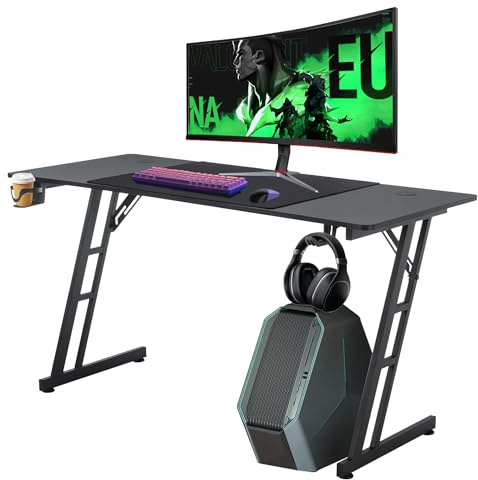 HENGMEI Gamingbord, gaming skrivbord datorbord med mugghållare, hörlurskrokar Z-ram, PC skrivbord, spelskrivbord för hemmakontor, hörnskrivbord, 140 x 60 cm, typ A