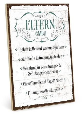 TypeStoff Holzschild mit Spruch – Eltern GmbH – im Vintage-Look mit Zitat als Geschenk und Dekoration zum Thema Eltern, Familie - HS-01409