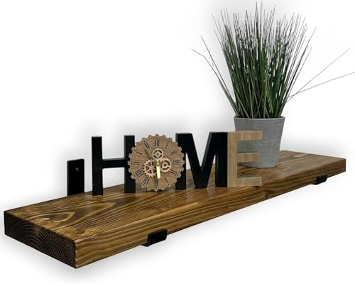 MKGT Handcrafted Rustic Wooden Floating Shelf – Wall Mounted with Black L Brackets – Made in the UK from Solid Timber – Kitchen, Bathroom & Living Room (Tudor Oak, 90cm)