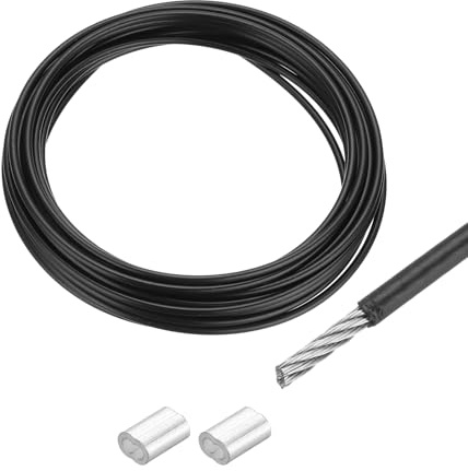 QUARKZMAN Drahtseil Edelstahl 5M x 2,5 mm Stahlseil PVC ummantelt mit 2 Aluminiumhülsen Sicherungsdraht Aufhänger für Bilder Vorhang Geländer Outdoor Gartenmöbel Sonnensegel, Schwarz