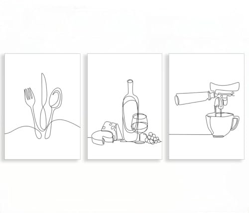 Linien Poster Messer Löffel Gabel minimalistische Wand Kunst Leinwand Malerei Weinflaschen Weingläser Druck Bilder Küche Dekor-50x70cmx3 Rahmenlos