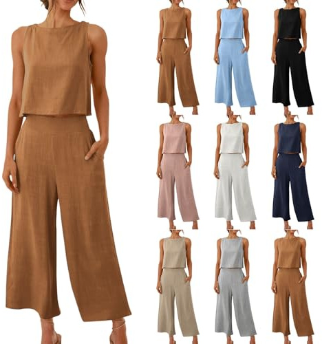 2024 Conjunto Dos Piezas Mujer algodón Lino Casual Camiseta sin manga y Pantalones largo verano Chalecos Deportivo Suelto Traje Cómodo Moda Conjunto Casa Color sólido ligera
