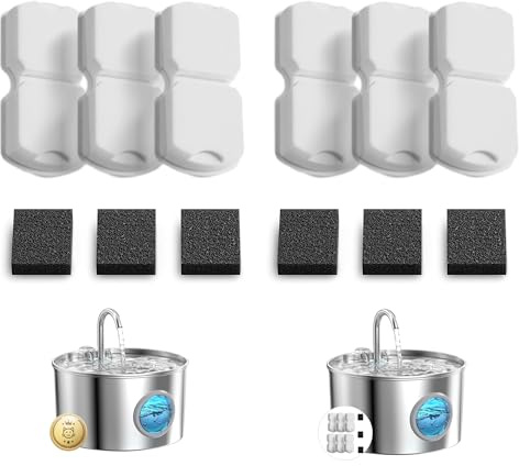 Fuente para Gatos Acero Inoxidable 12 Filtro: 6 Filtros de Carbón + 6 Filtros de Espuma - Filtración Múltiple - Purificación de la Calidad del Agua - Adecuado para GIOTOHUN 2.2L Bebedero Gatos