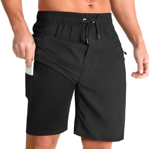 iCKER Men's Swimming Shorts with Compression Liner 2 in 1 Swimming Trunks Quick Dry 9 inch Inseam Board Shorts with Zipper Pockets