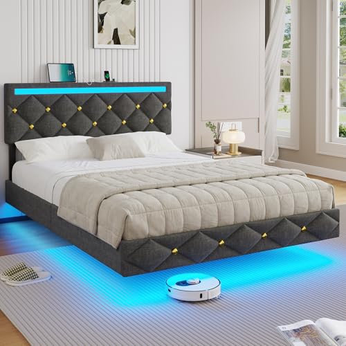 DICTAC Lit 140x190 avec LED, Cadre de lit 140 x 190cm avec Éclairage LED et 1 USB-A + 1 USB-C, Tête de Lit Réglable et Rembourrée - Lit Flottant avec Sommier, Capitonnage Lin Gris