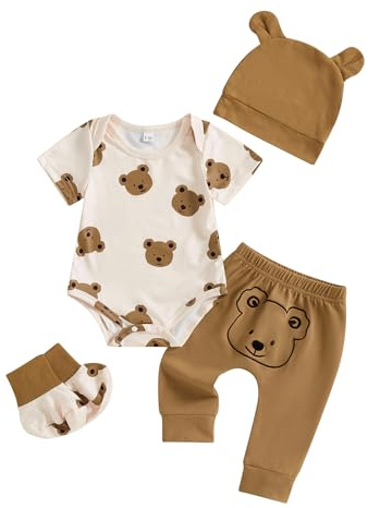 BeliBacca Newborn Come Home Baby Boy Clothes Bear Print Short Sleeve Romper Long Pants Hat Shoes Set 4pcs Infant Boy Summer Outfits (Khaki, 3-6 Months)