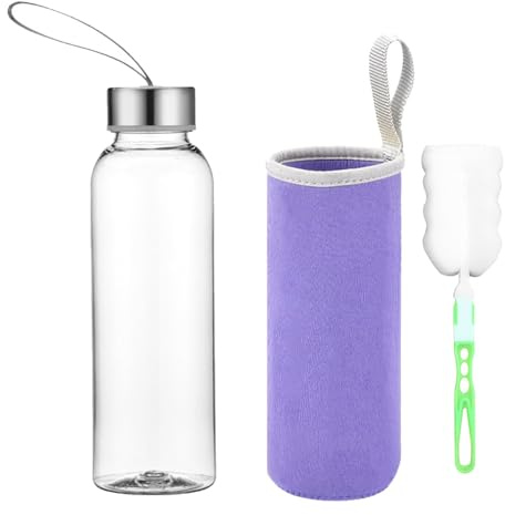 CUEMOON Botella de cristal, botella de agua clásica con bolsa de nailon, para viajes, botella de deporte, botella de cristal (violeta, 750 ml)
