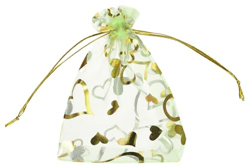 QUARKZMAN 50 Stück Organzasäckchen, 10x15cm Geschenksäckchen Schmuckbeutel Herz-Muster Mesh Säckchen mit Zugband, Organzabeutel für Hochzeit Party Weihnachten Süßigkeiten, Grün-Gold
