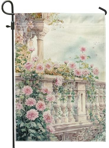 Frühlingsblumen-Gartenflagge, Pfirsich-Dahlien-Blumen, Balustrade, Outdoor-Heimdekoration, doppelseitiges Kunstwerk, Hofbanner Dekoration für Garten, 30,5 x 45,7 cm