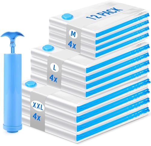 Vakuumbeutel für Kleidung Bettdecken, 12 Stück Vakuumierbeutel (4 * 100x80cm+4 * 80x60cm+4 * 60x40cm) Vacuum Bags for Clothing Reise mit Staubsauger Handpumpe