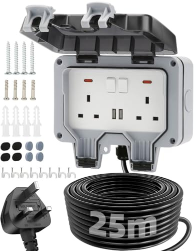 Olutula Outdoor Socket 25m Extension Lead 2 USB Ports Waterproof IP66 13Amp Weatherproof Outdoor Sockets Switch Indicator Light Wall Electrical Outlet Socket Box for Garden