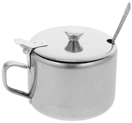 Tarro con Tapa y Cuchara de Acero Inoxidable de Condimentos | Asa, Color Plata, Tamaño Compacto, Uso Multifuncional en Cocina y Hogar, Azucareros Modernos
