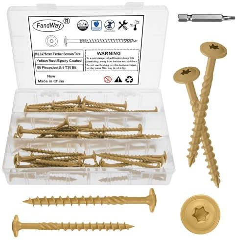 FandWay 50 Pièces Vis à Bois Torx pour Panneaux D'aggloméré 6,3x75mm Vis à Tête Ronde Large Bombé,Vis Autotaraudeuses Torx Universelles Jaune Pour Construction de Toiture,Terrasse Avec 1 T30 Bits.