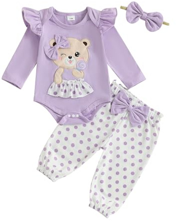 PanLidapan - Set di abbigliamento autunnale per neonate, 3 pezzi, con pagliaccetto ricamato con orso, pantaloni a pois, fascia con fiocco, tuta carina per la primavera, Viola, 0-3 Months