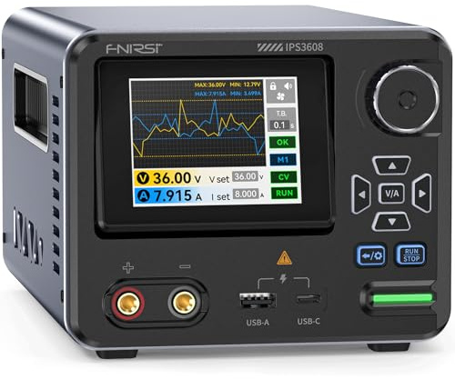 FNIRSI IPS3608 Fuente de Alimentación Regulable DC 36V 8A, Ripple <10mV | Puertos USB-A y USB-C, Pantalla de 4 Dígitos, Interfaz Día/Noche, Programable por PC Carcasa de Aluminio para Electrónica DIY