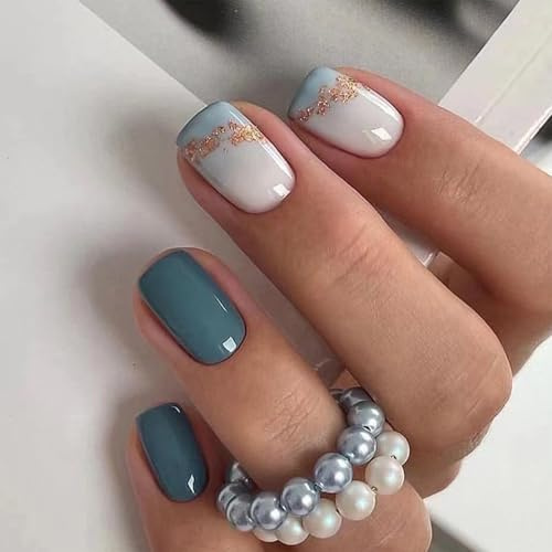 24PCS Short Square Acrylic Press-On Nails with Green French Tip and Glitter - Glossy Full Cover False Nails Kit with Accessory Tool for Easy DIY Application and Elegant Touch