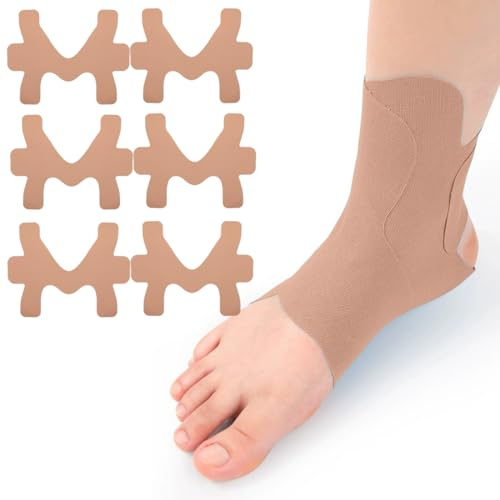 Hanaoops Chevillère Entorse, 6 Bandes de Kinésiologie Prédécoupées pour Cheville, Imperméables Chevillère de Maintien Sport, Réglable Élastique Attelle Cheville (Couleur de peau, Taille unique)