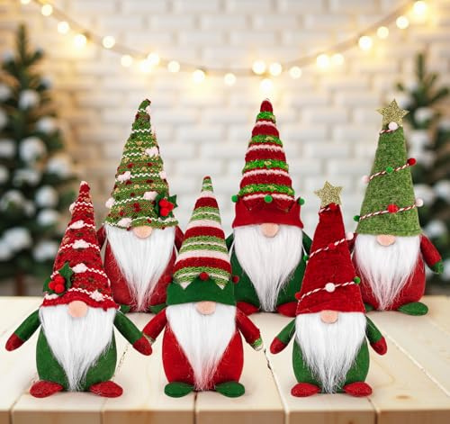 ilauke Jultomten, 6 stycken juldekorationer, tomtar jultomte, juldekoration plysch tomte för jul, bordsdekoration, röd och grön (20 cm x 7 cm)