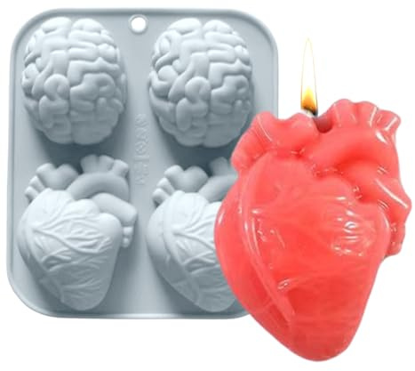 Renchey Molde de Corazón Humano de Silicona,4 Cavidades Realista Cerebro Corazón 3D Para Velas | Herramienta Antiadherente Para Cera, Chocolate, Jabón Y Repostería