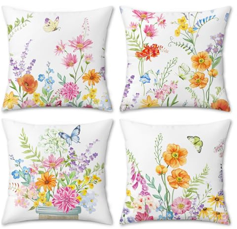 COZZSNUGE Spring Floral Throw Pillow Covers, Colorful Garden Flowers Butterfly Poppy Velvet Decorative Pillowcases for Sofa Bed Home Patio Set of 4, 18 x 18 Inches