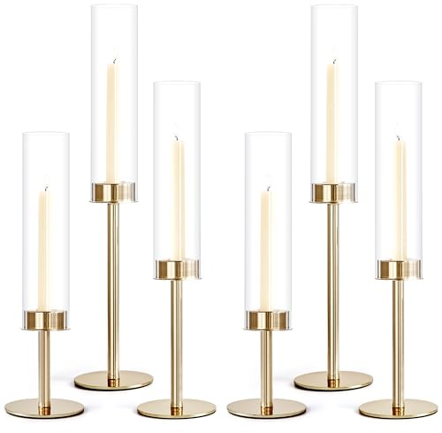 Hurricane Glas Kerzenhalter Set mit 6, Hohe Windfeste Kerzenständer mit Goldener Metallbasis, Kerzenständer für Hochzeit, Weihnachten, Esstisch, Party, Wohnkultur