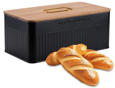 YBLUE Metal Bread Box with Wood Cutting Board Lid Black Metal Bread Bin | with Vertical Stripe Pattern and Multiple Ventilation Holes Bread Storage Container for Kitchen Countertop Organizer