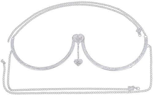 SUPVOX Collana da corpo in argento con ciondolo a doppio cuore e cristalli, elegante gioiello per il petto da donna, catena di supporto per petto scintillante, adatta per feste e donne