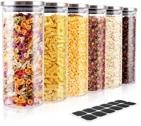 LDXDRU 6er 950ML Vorratsgläser mit Deckel Edelstahl, Vorratsdosen Glas, Vorratsglas mit Deckel Luftdicht, Aufbewahrungsgläser Küche Glasbehälter für Gewürze, Nuss, Körner, Aufbewahrung ETIKETTEN
