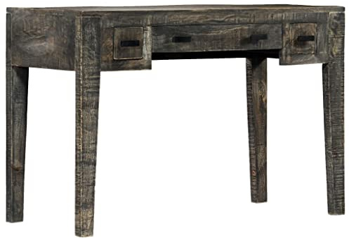 Scrivania in legno massello Mango stile vintage 110 × 50 × 75 cm nero con 3 cassetti, stabile scrivania per computer per ufficio casa, tavolo da lavoro durevole in legno duro con elegante