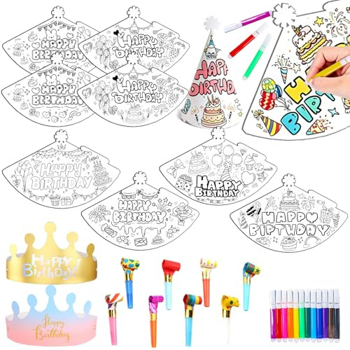 YOUYIKE DIY Partyhüte Geburtstag Set für Erwachsene, 8 Stück Weiß Party Kegel Hüte Zum Bemalen, Papier Krone Hut, Partyhüte Geburtstag Dekoration Set für Familienfeiern für Erwachsene
