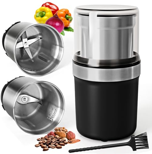 Macinacaffè elettrico fornito con due ciotole rimovibili, macinino per semi di lino, semi di caffè, noci, pepe, macchina da caffè regolabile per espresso/gocciolamento/spedizione/spezie da cucina