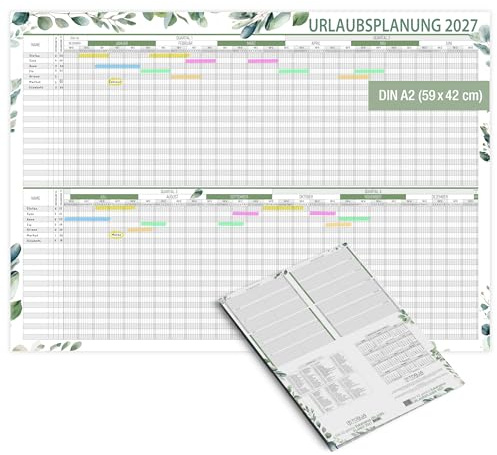 TOBJA Urlaubsplaner 2027 Mitarbeiter Groß A2 (42x59,4 cm) Wandplaner für bis zu 25 Personen - Eukalyptus Design, Premium Papier - mit Jahresübersicht & Ferienkalender | Urlaubskalender Büro
