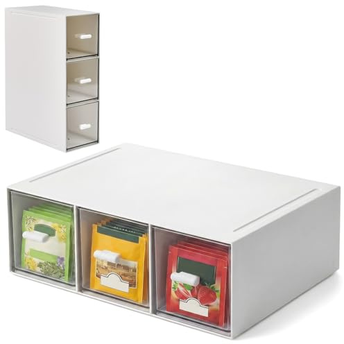 Linzerry Teebeutelbox Teebox mit 3 Schubladen Teebeutel Aufbewahrung Tee Organizer Aufbewahrung Stapelbar Box Teebeutelhalter Kunststoff Teeboxen für Teebeutel Kaffeepads Gewürze Küche Büro