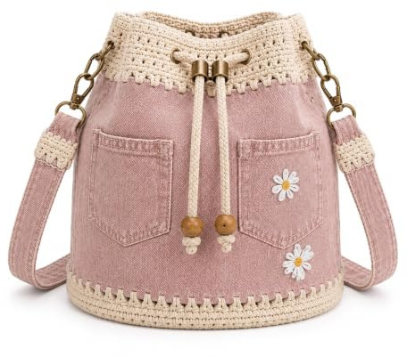 Bolso Bombonera De Denim Crochet, Bandolera Boho Con Cordón Y Margaritas