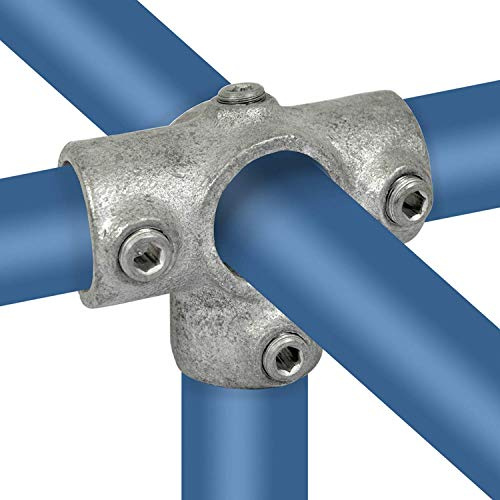 KLEMP Conector transversal de tres vías para el tubo de soporte, conector de tubo en T, de 5 vías, de hierro fundido maleable, galvanizado en caliente, incluye tornillos Tipo 24D - 42,4 mm / 1 ¼